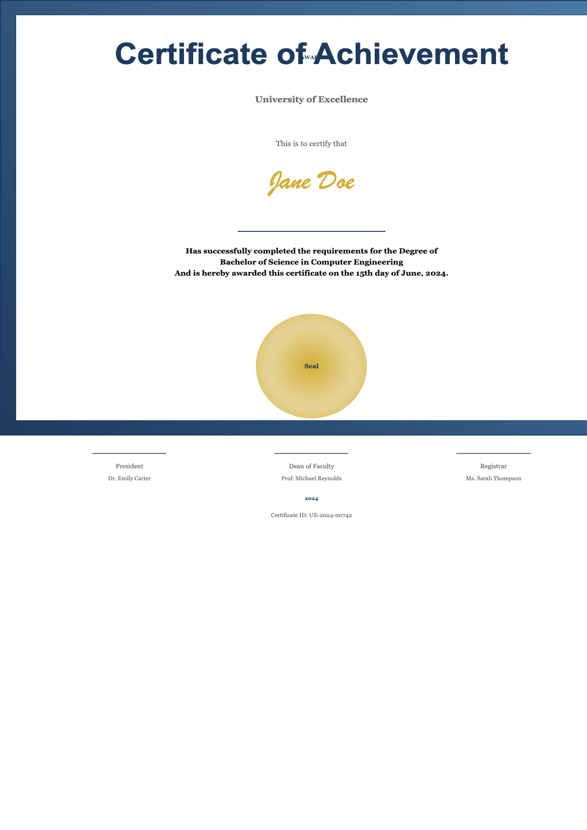 Academic certificate from Indiana State University Journalism Faculty with ornate border and gold_variant_3